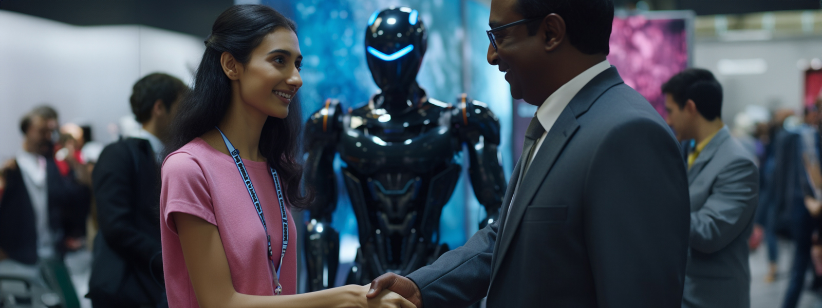 Woman shaking hands with a man in front of a robot at a tech exhibition with attendees in the background.
