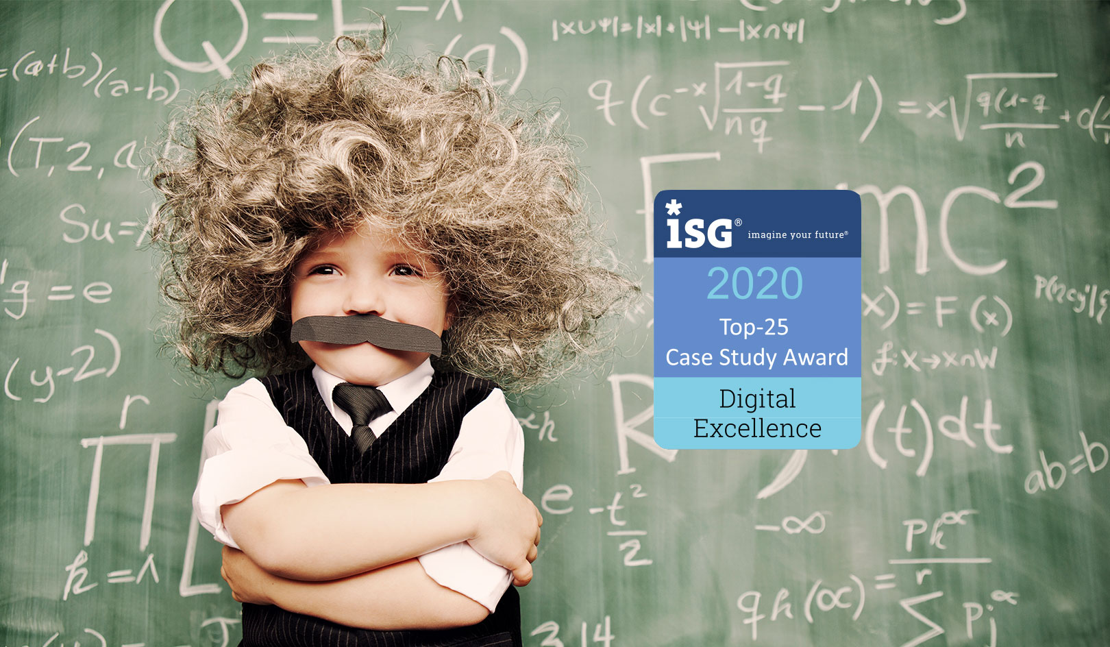 Child dressed as a scientist with a big gray wig and a chalkboard full of equations.