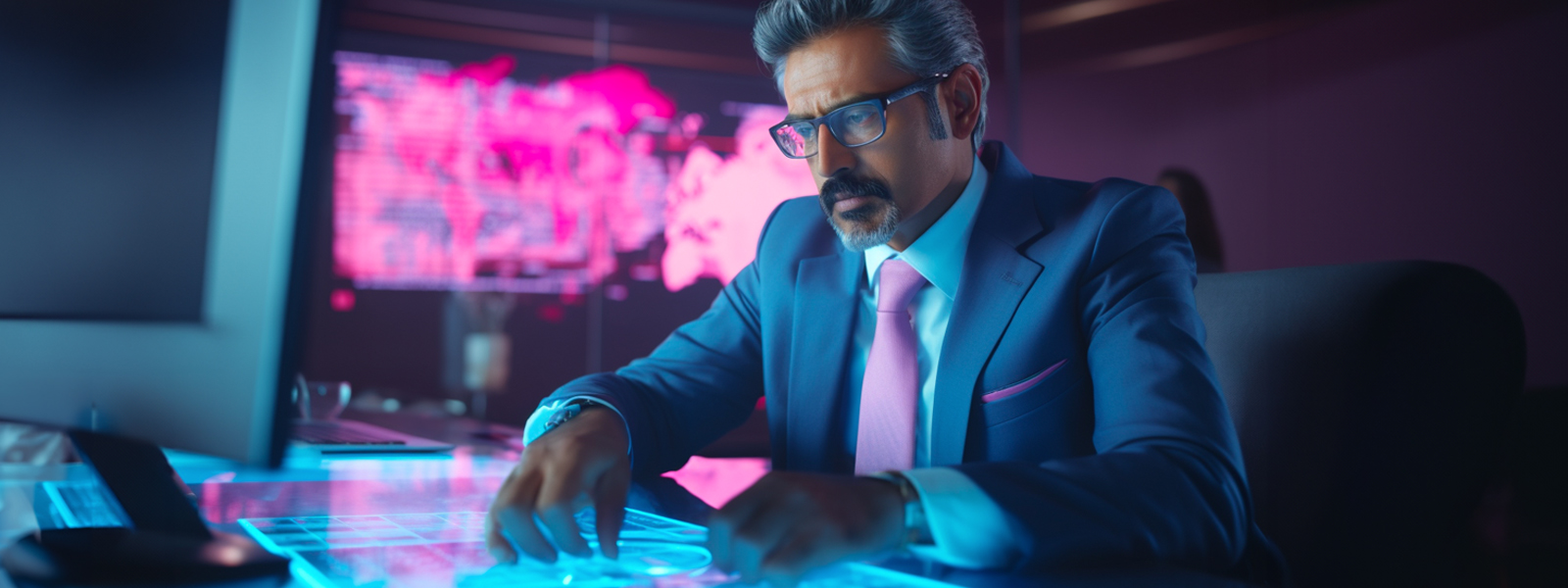 Stylish businessman with glasses working on a futuristic holographic interface at his desk.
