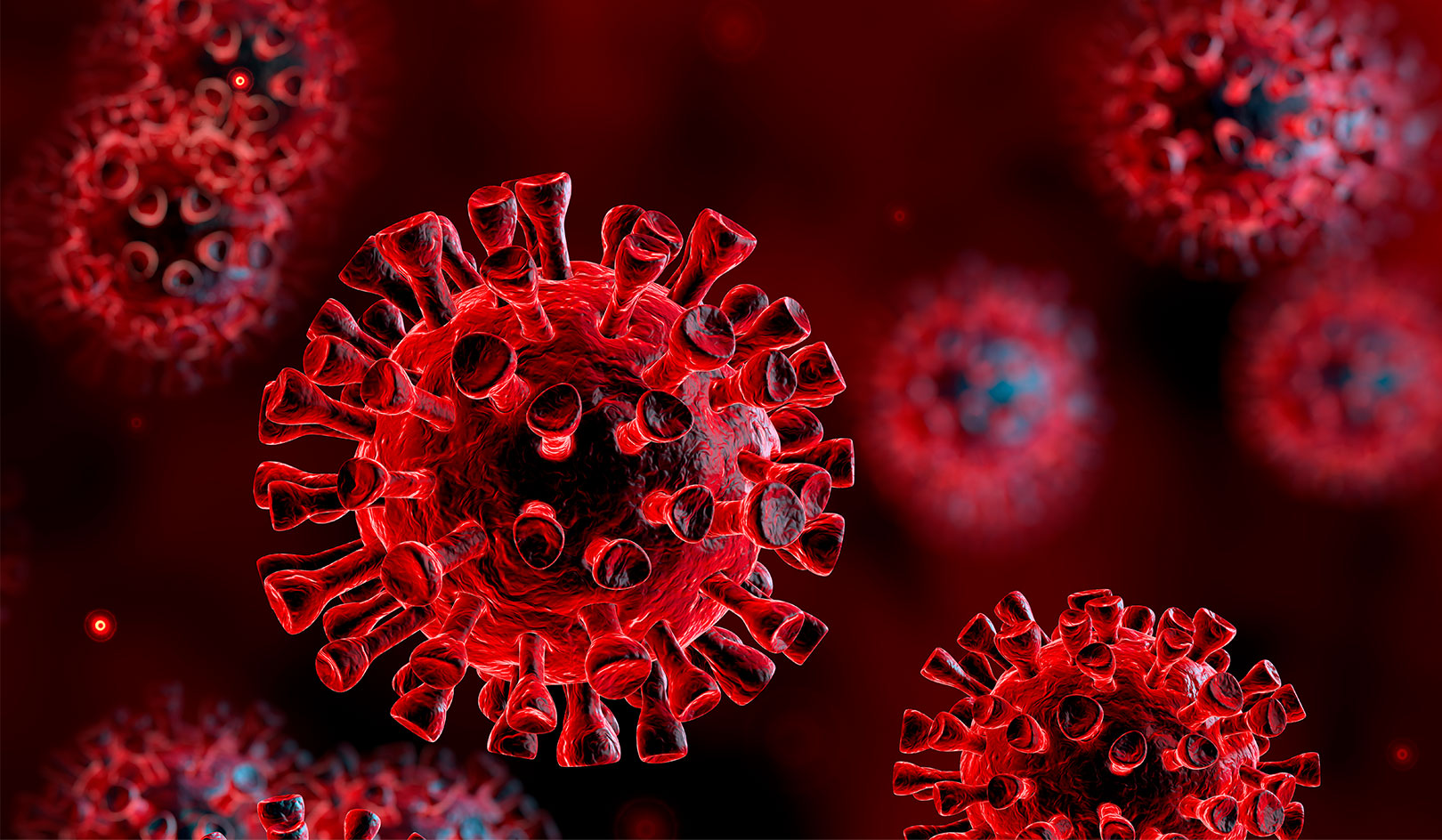 Digital illustration of red virus particles.