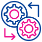 A line-art illustration of two cogs with rotational arrows circling them.