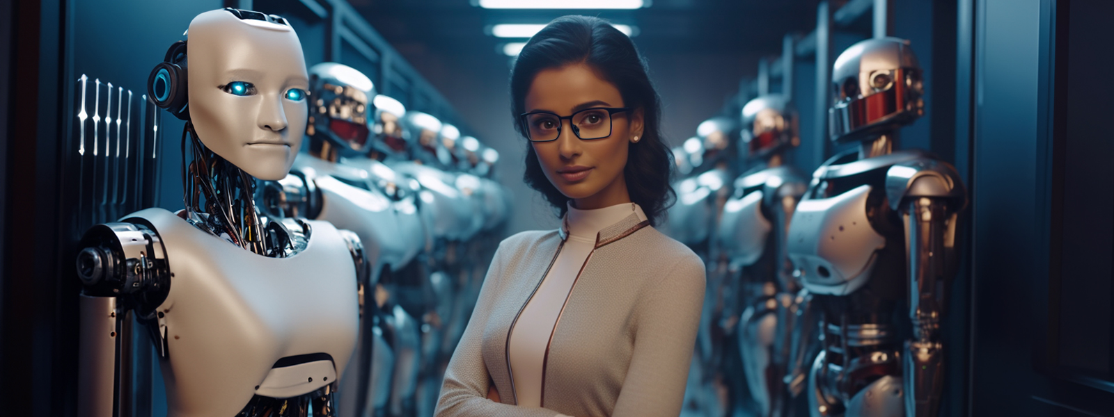 A woman in glasses standing next to a line of humanoid robots, representing advancements in robotics and AI.