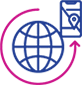 An icon representing global connectivity, with arrows circling around a stylized globe.