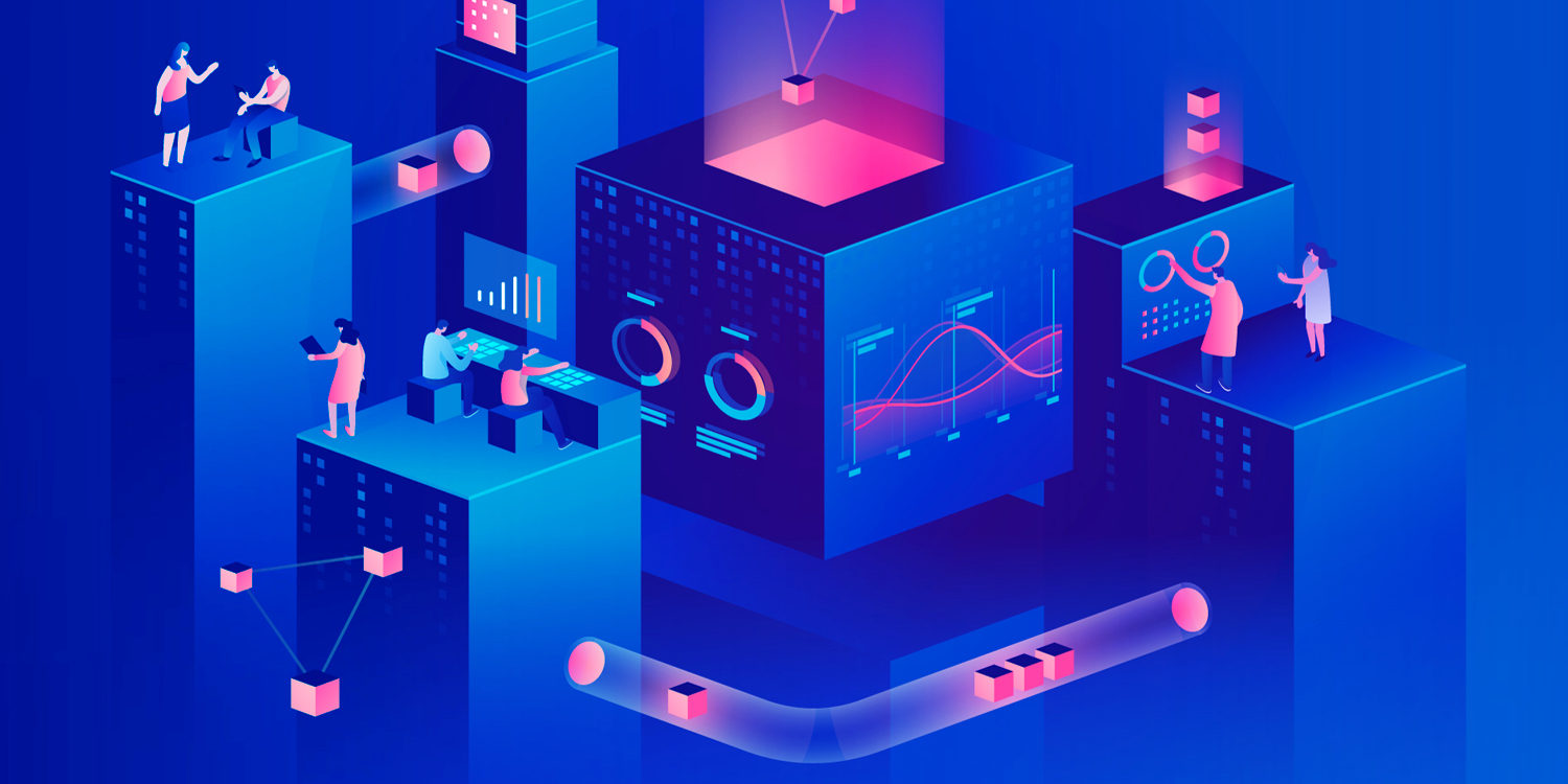 An isometric illustration of people interacting on top of skyscraper-like blocks in varying shades of blue, representing digital analytics or a tech workspace.