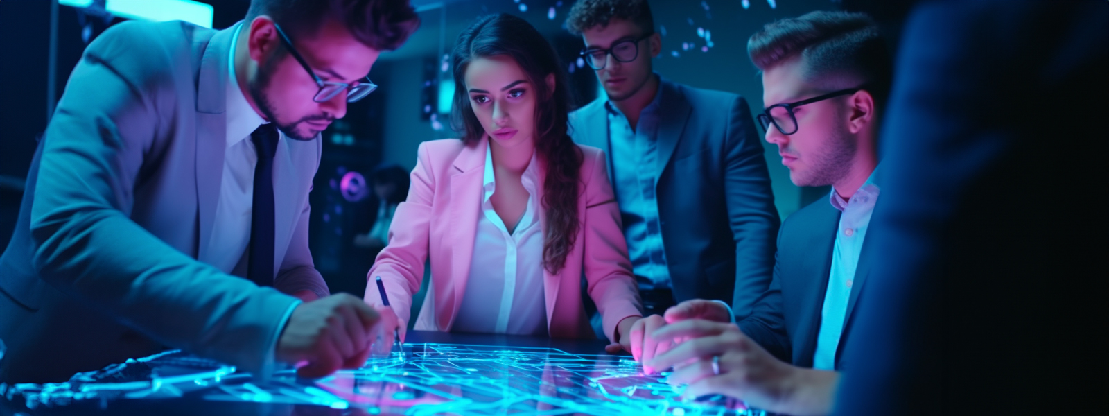 A group of people examine data on a holographic table.