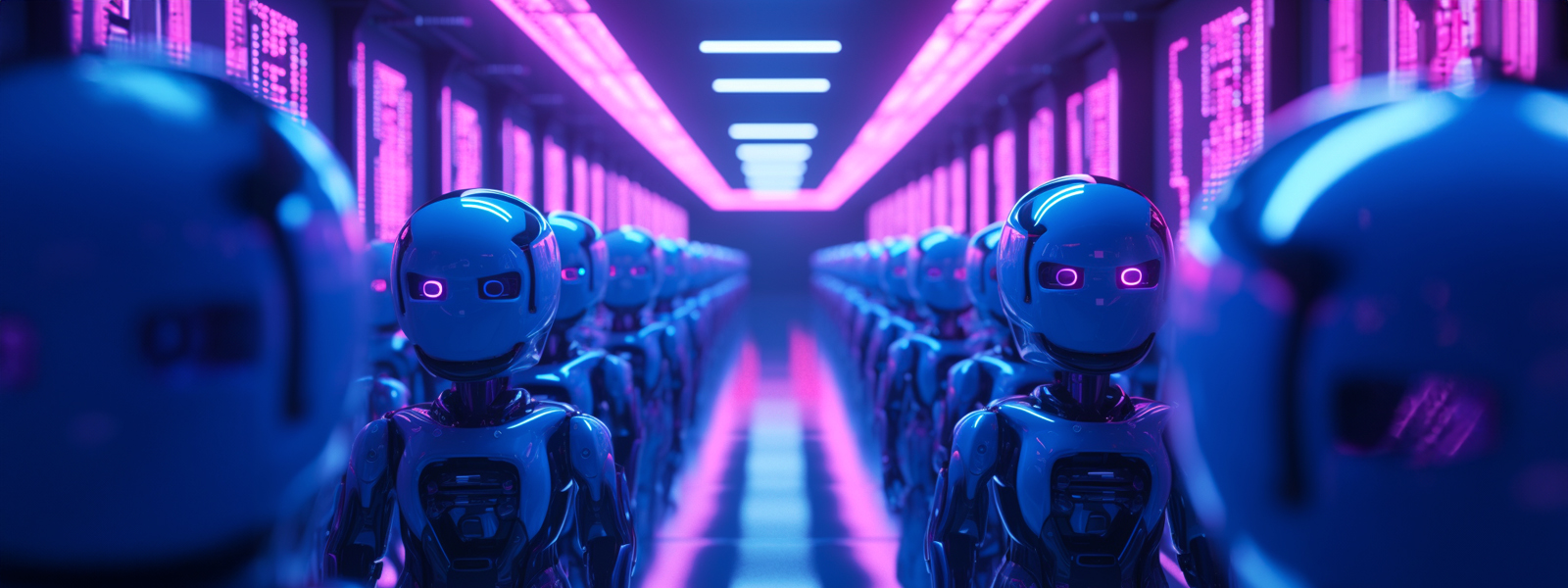Rows of humanoid robots in a neon-lit server room.