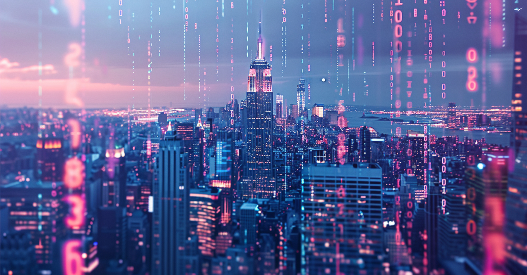 Financial services GenAI iconography overlaid on an image of a busy cityscape