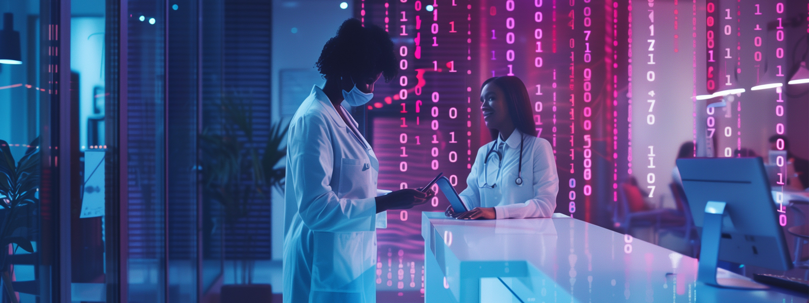 Binary code overlaid on a healthcare setting showcases the dangers of a medical data leak.
